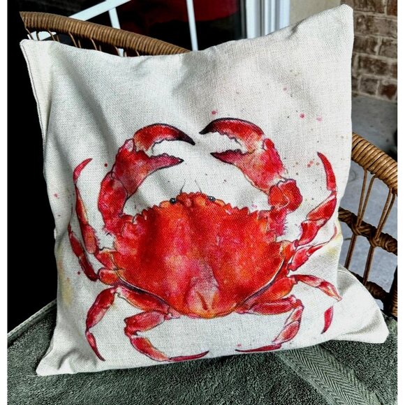 Sea Turtle Crab Throw Pillow Cover Hand Painted Art Deco Chair Beach House READ - Picture 3 of 12